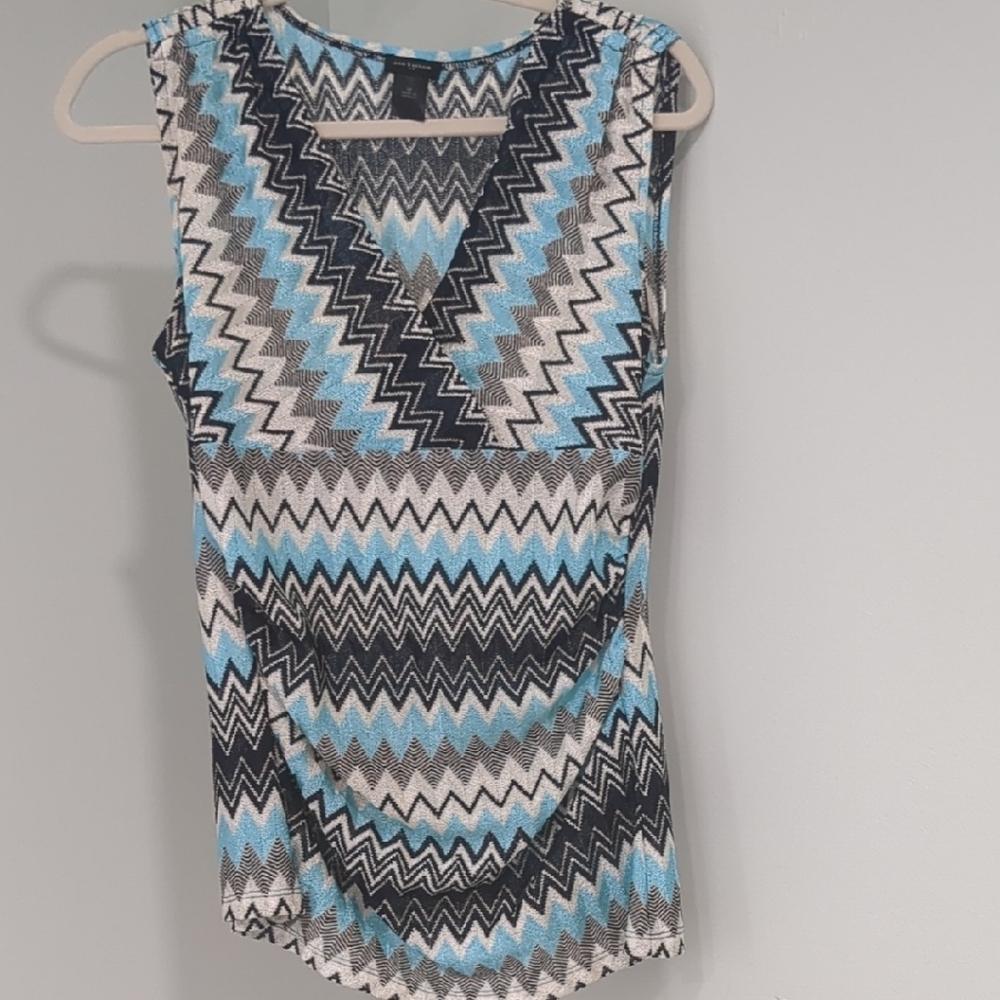 Ann Taylor Blue and White Fitted Graphic Tank Top M